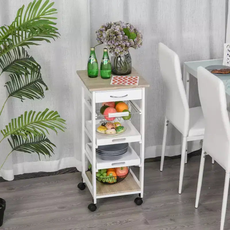 HOMCOM Mobile Rolling Kitchen Island Trolley Serving Cart with Underneath Drawer & Slide-Out Wire Storage Basket
