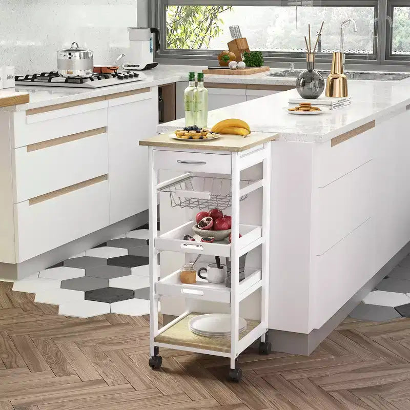 HOMCOM Mobile Rolling Kitchen Island Trolley Serving Cart with Underneath Drawer & Slide-Out Wire Storage Basket