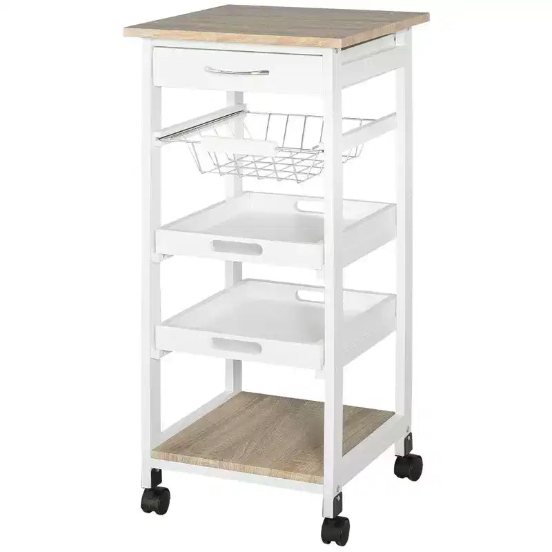 HOMCOM Mobile Rolling Kitchen Island Trolley Serving Cart with Underneath Drawer & Slide-Out Wire Storage Basket