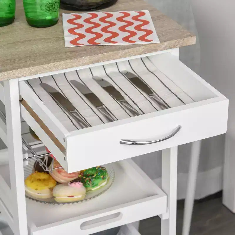 HOMCOM Mobile Rolling Kitchen Island Trolley Serving Cart with Underneath Drawer & Slide-Out Wire Storage Basket