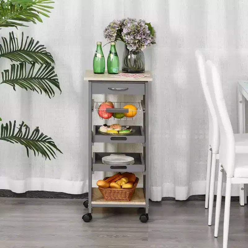 HOMCOM Mobile Rolling Kitchen Island Trolley Serving Cart with Underneath Drawer & Slide-Out Wire Storage Basket