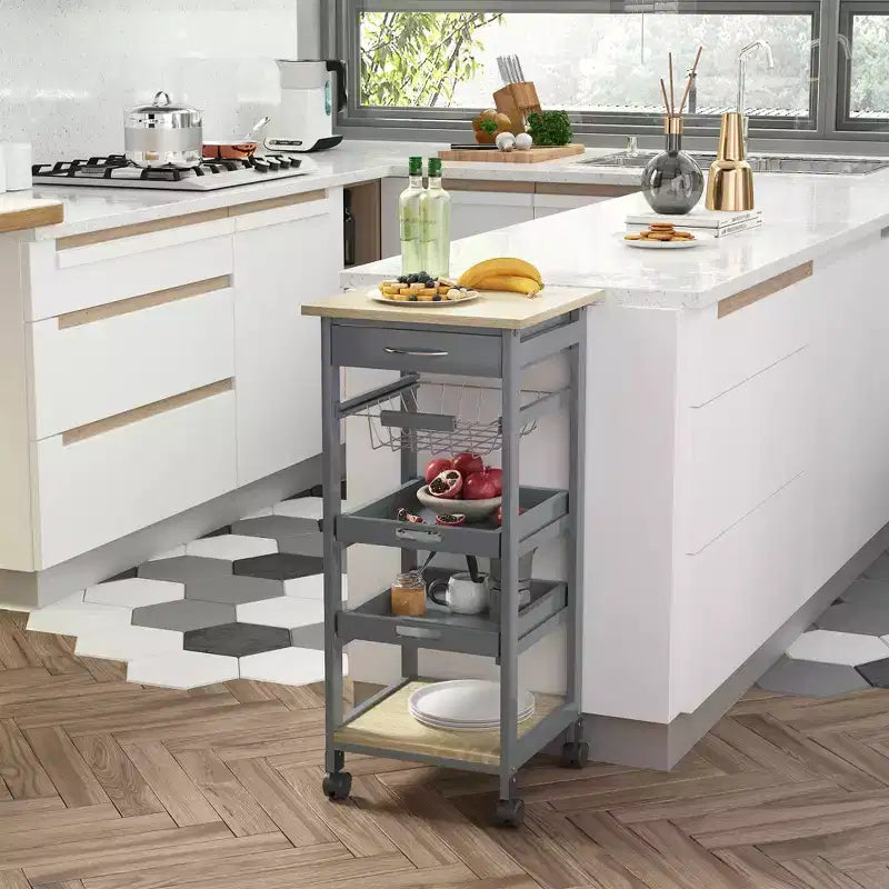HOMCOM Mobile Rolling Kitchen Island Trolley Serving Cart with Underneath Drawer & Slide-Out Wire Storage Basket