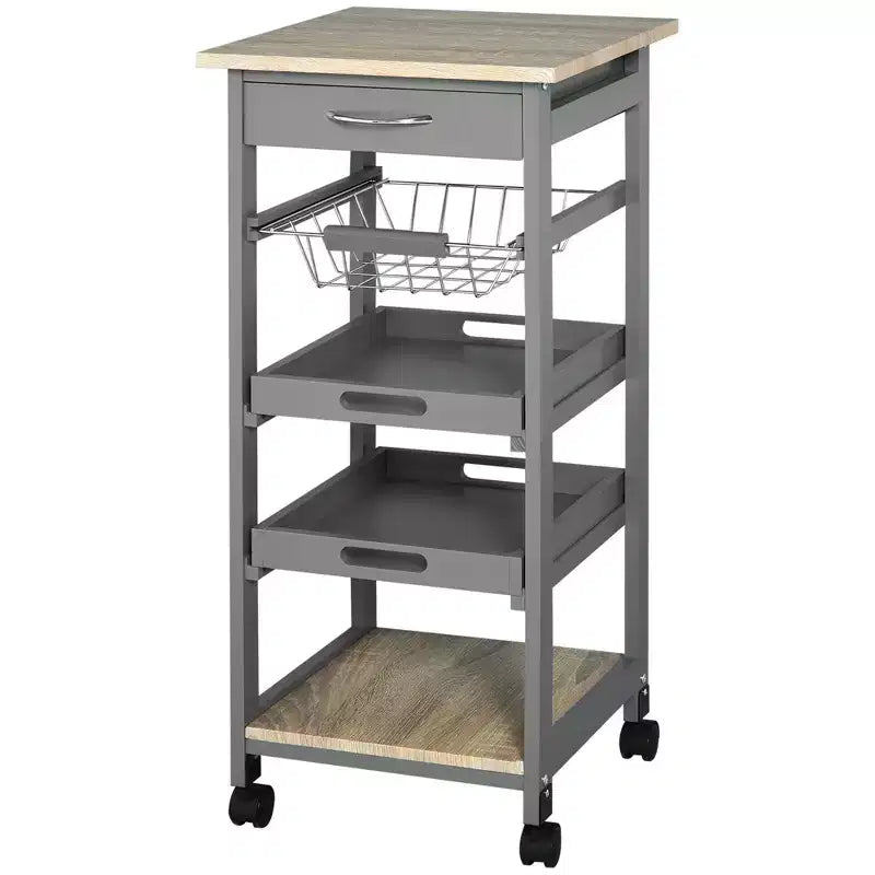 HOMCOM Mobile Rolling Kitchen Island Trolley Serving Cart with Underneath Drawer & Slide-Out Wire Storage Basket