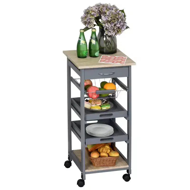 HOMCOM Mobile Rolling Kitchen Island Trolley Serving Cart with Underneath Drawer & Slide-Out Wire Storage Basket