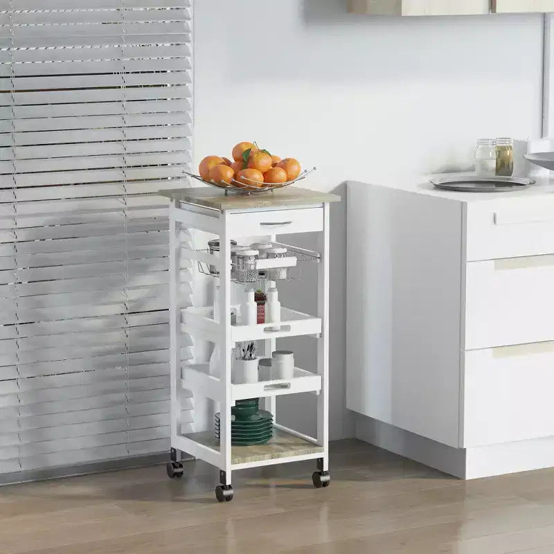HOMCOM Mobile Rolling Kitchen Island Trolley Serving Cart with Underneath Drawer & Slide-Out Wire Storage Basket