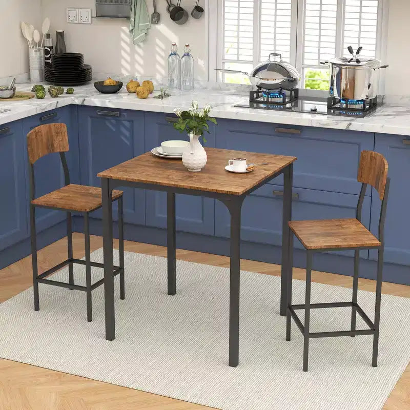 HOMCOM 3 Piece Industrial Counter Height Dining Table Set, Bar Table & Chairs with Steel Legs & Footrests