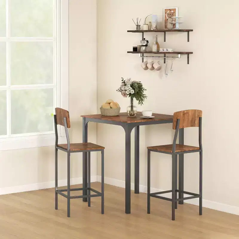HOMCOM 3 Piece Industrial Counter Height Dining Table Set, Bar Table & Chairs with Steel Legs & Footrests