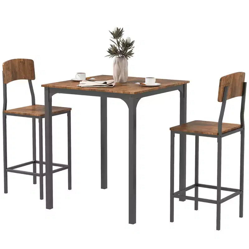 HOMCOM 3 Piece Industrial Counter Height Dining Table Set, Bar Table & Chairs with Steel Legs & Footrests