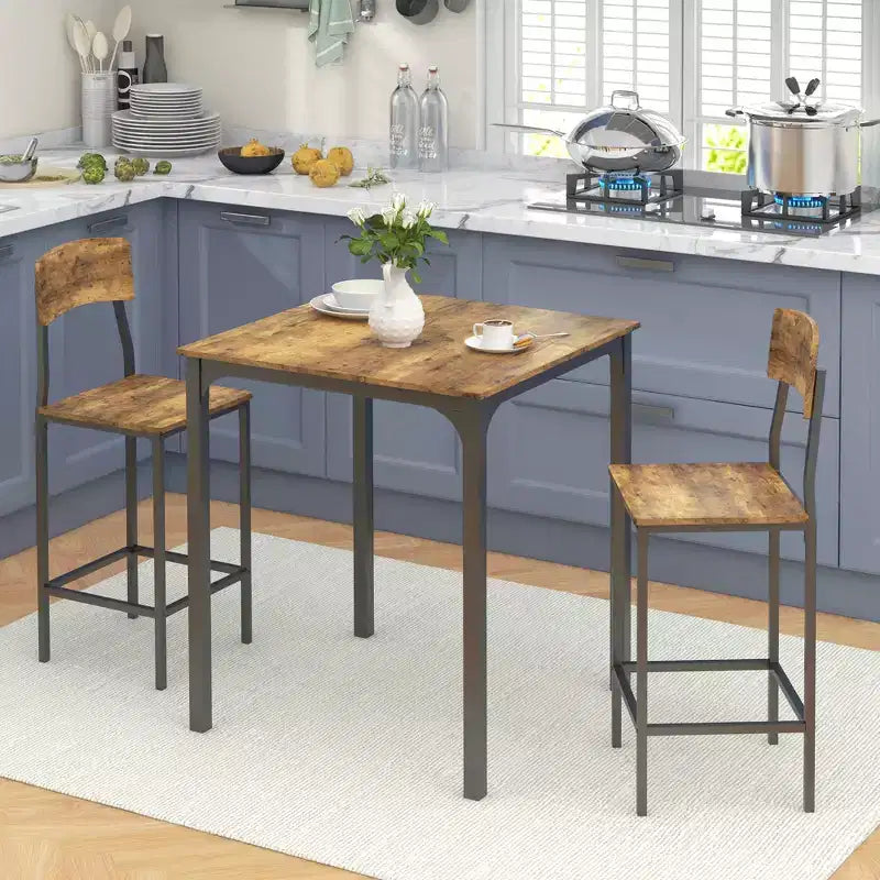 HOMCOM 3 Piece Industrial Counter Height Dining Table Set, Bar Table & Chairs with Steel Legs & Footrests