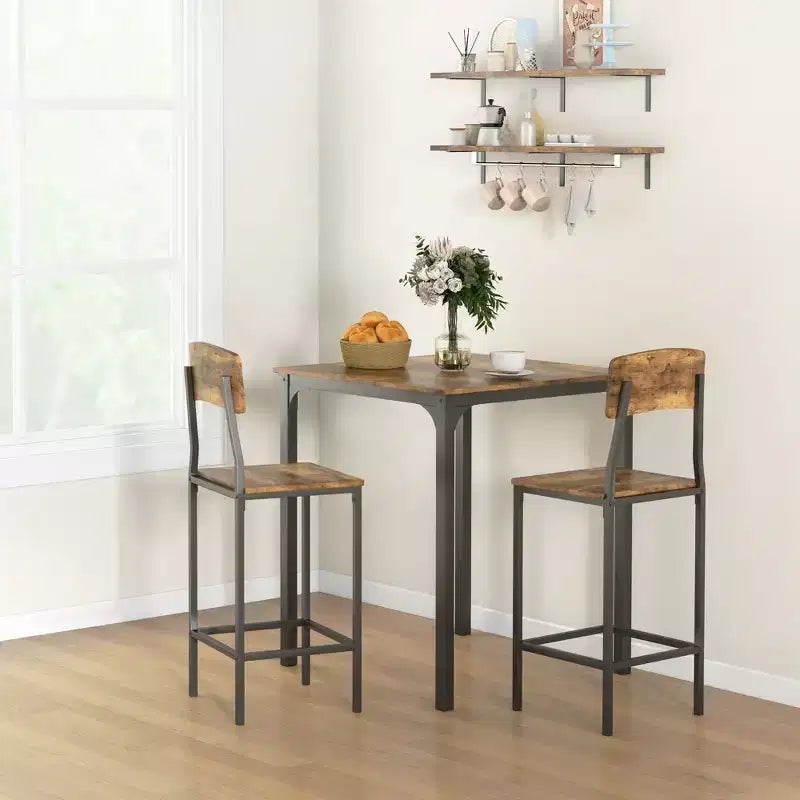 HOMCOM 3 Piece Industrial Counter Height Dining Table Set, Bar Table & Chairs with Steel Legs & Footrests