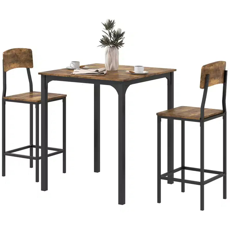 HOMCOM 3 Piece Industrial Counter Height Dining Table Set, Bar Table & Chairs with Steel Legs & Footrests