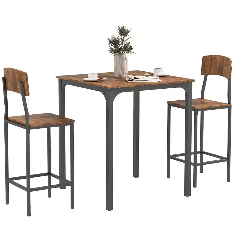 HOMCOM 3 Piece Industrial Counter Height Dining Table Set, Bar Table & Chairs with Steel Legs & Footrests