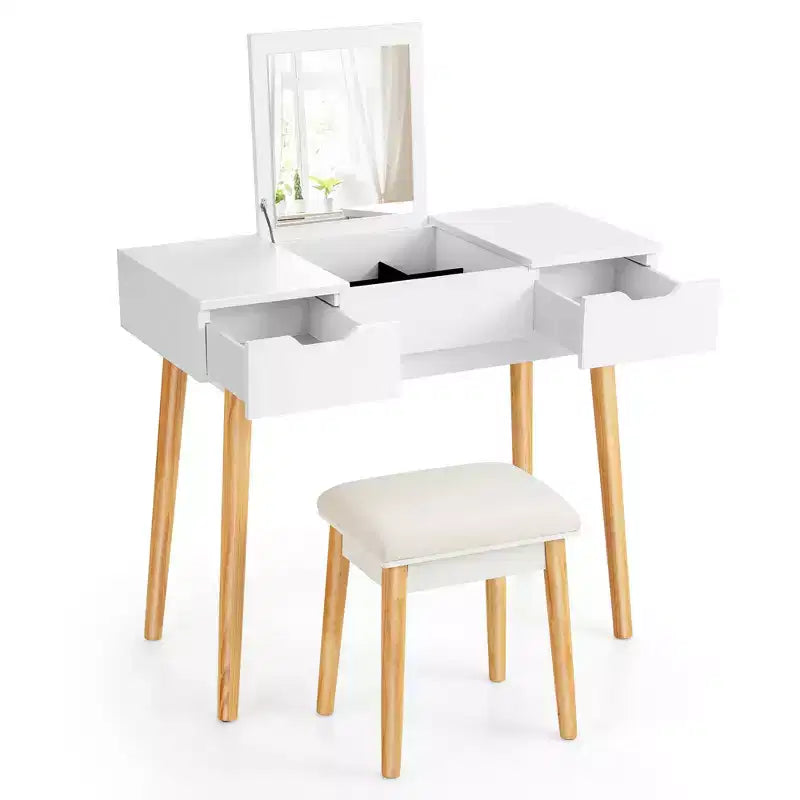 Costway Vanity Table Set w/ Flip Top Mirror Drawers 9 Dividers Makeup Writing Desk