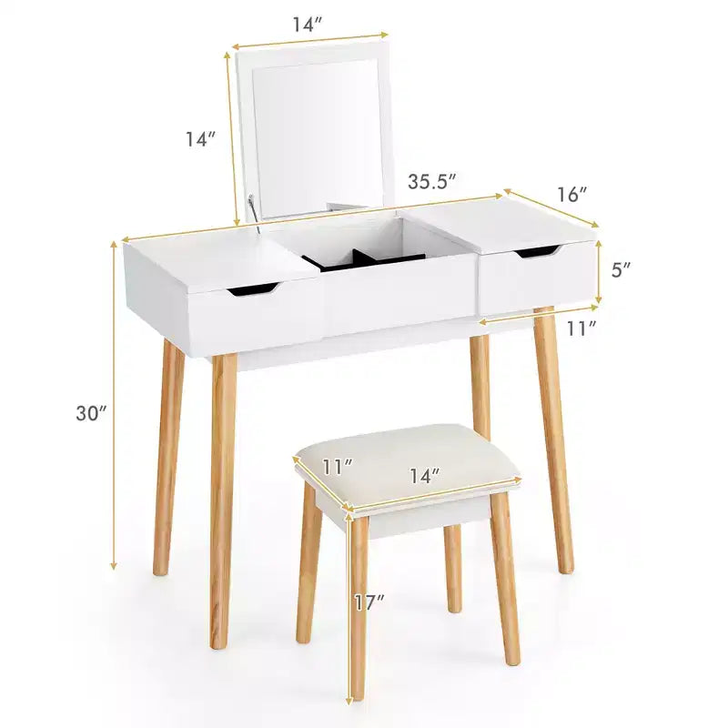 Costway Vanity Table Set w/ Flip Top Mirror Drawers 9 Dividers Makeup Writing Desk