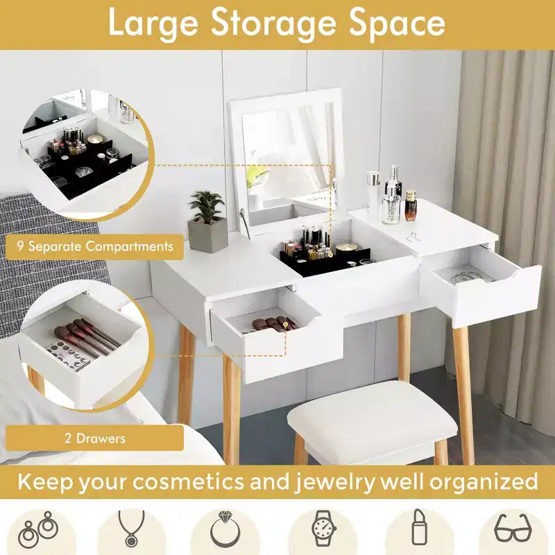 Costway Vanity Table Set w/ Flip Top Mirror Drawers 9 Dividers Makeup Writing Desk