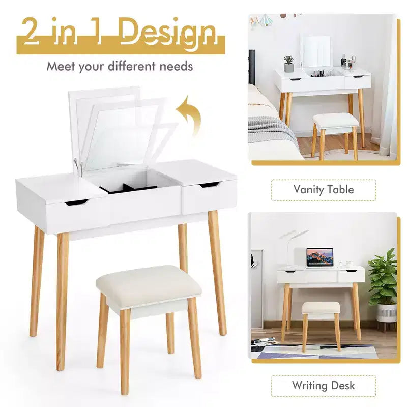 Costway Vanity Table Set w/ Flip Top Mirror Drawers 9 Dividers Makeup Writing Desk