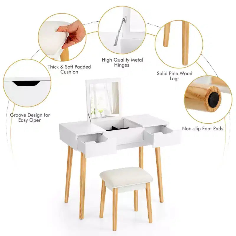 Costway Vanity Table Set w/ Flip Top Mirror Drawers 9 Dividers Makeup Writing Desk