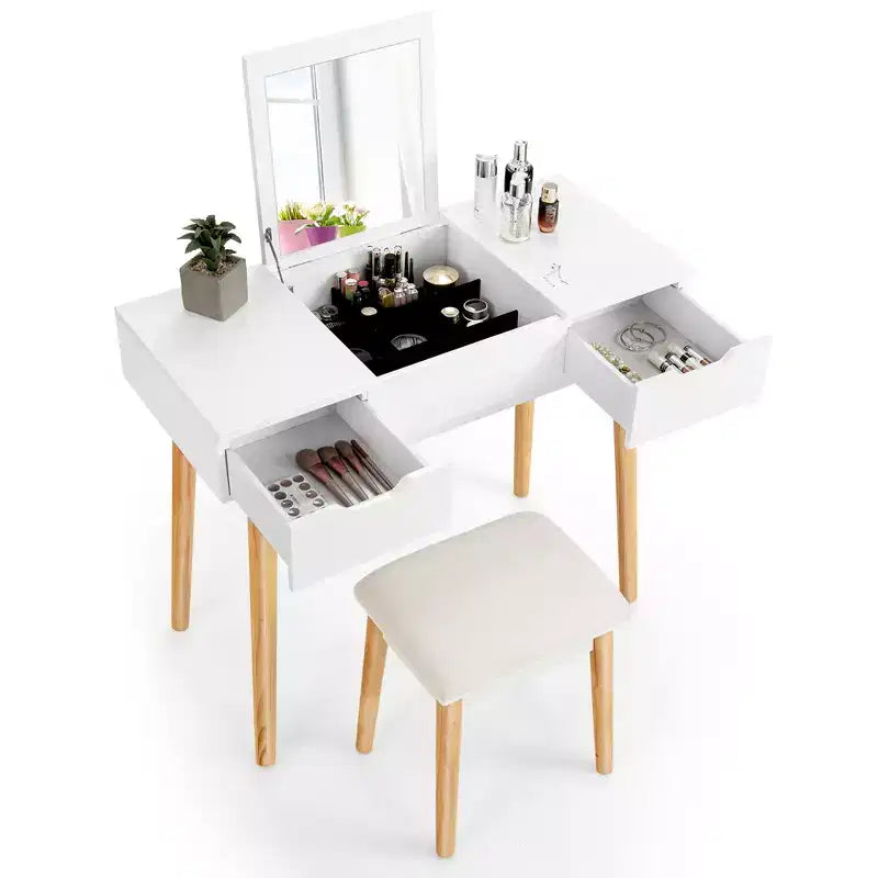 Costway Vanity Table Set w/ Flip Top Mirror Drawers 9 Dividers Makeup Writing Desk