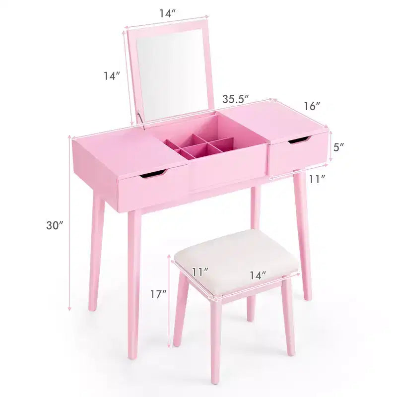 Costway Vanity Table Set w/ Flip Top Mirror Drawers 9 Dividers Makeup Writing Desk