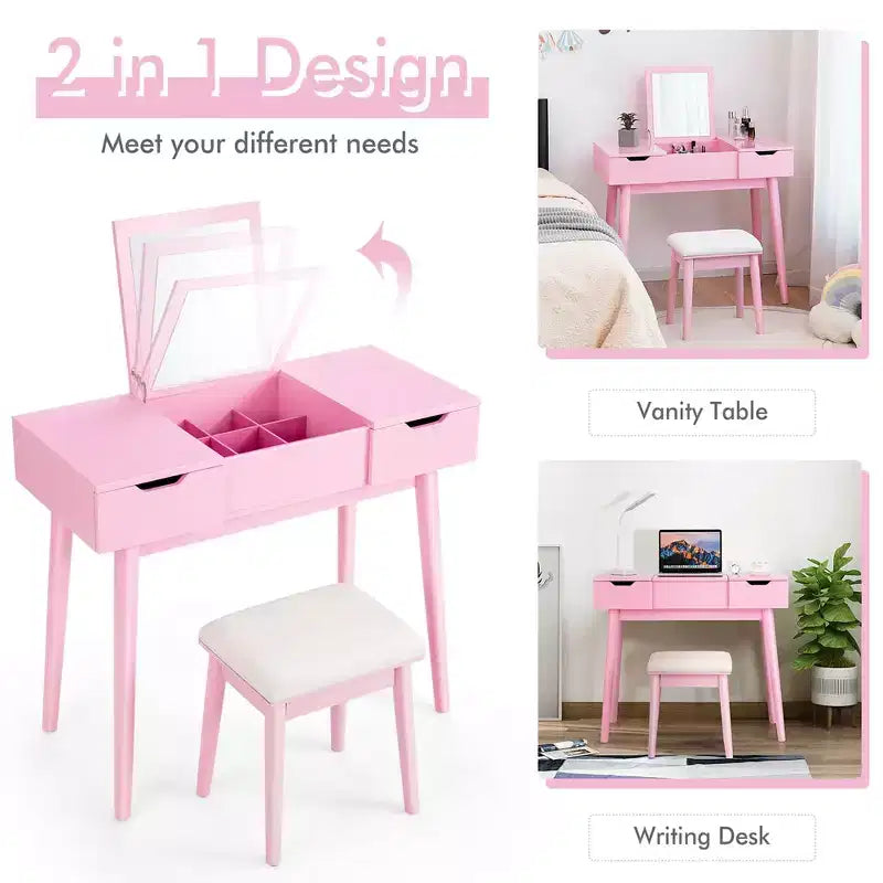 Costway Vanity Table Set w/ Flip Top Mirror Drawers 9 Dividers Makeup Writing Desk