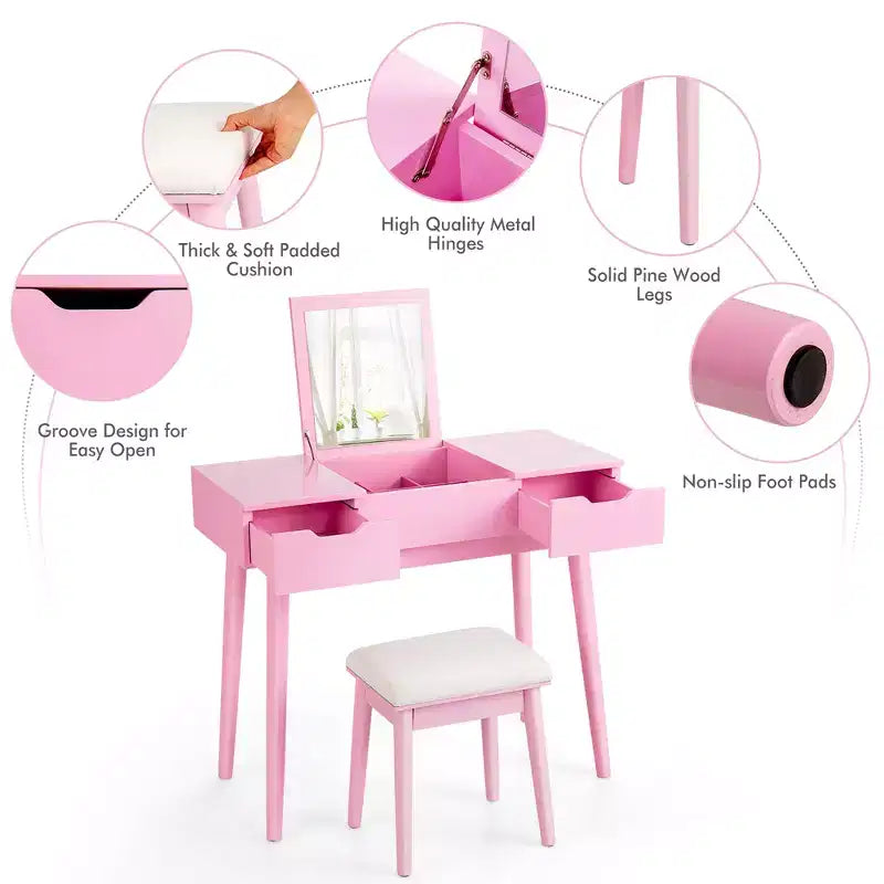 Costway Vanity Table Set w/ Flip Top Mirror Drawers 9 Dividers Makeup Writing Desk