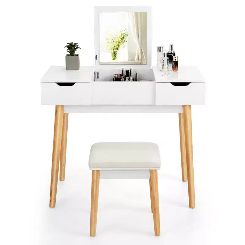 Costway Vanity Table Set w/ Flip Top Mirror Drawers 9 Dividers Makeup Writing Desk