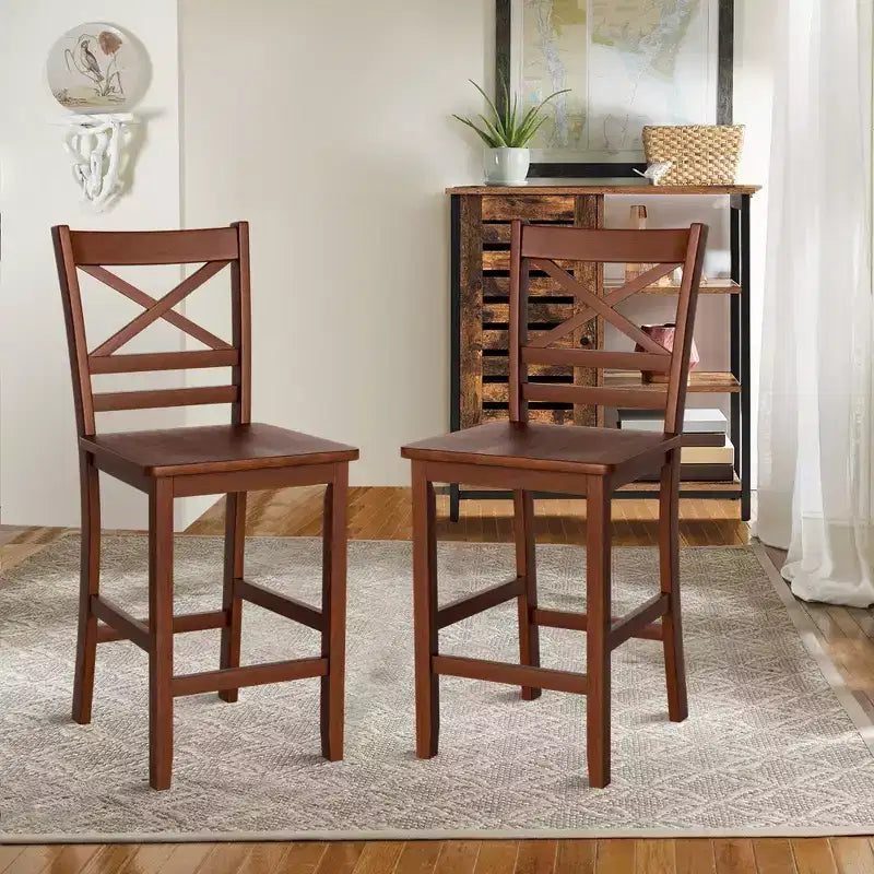 Costway Set of 4 Bar Stools 24'' Counter Height Chairs w/ Rubber Wood Legs Walnut