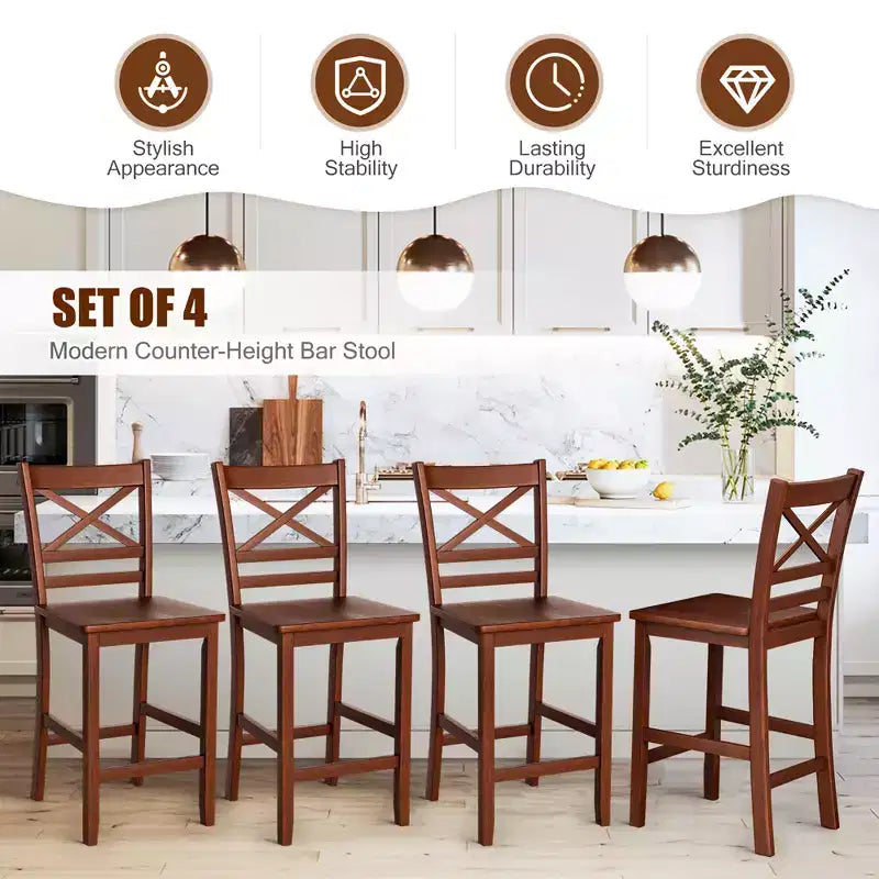 Costway Set of 4 Bar Stools 24'' Counter Height Chairs w/ Rubber Wood Legs Walnut