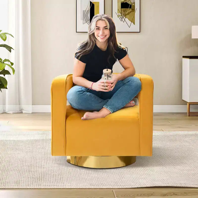 Velvet Edise Swivel Barrel Chair Living Room Accent Chair with Metal Base | Karat Home