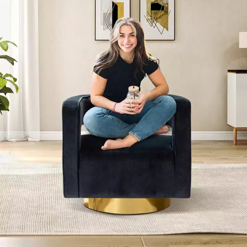 Velvet Edise Swivel Barrel Chair Living Room Accent Chair with Metal Base | Karat Home