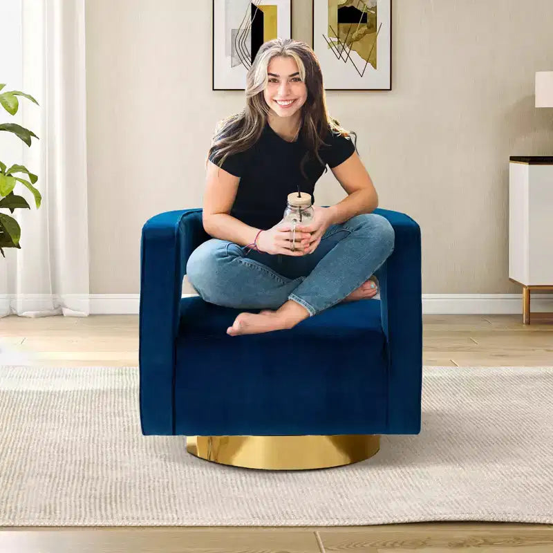 Velvet Edise Swivel Barrel Chair Living Room Accent Chair with Metal Base | Karat Home