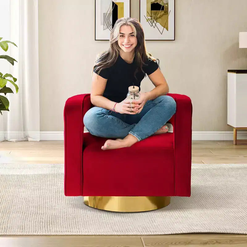 Velvet Edise Swivel Barrel Chair Living Room Accent Chair with Metal Base | Karat Home
