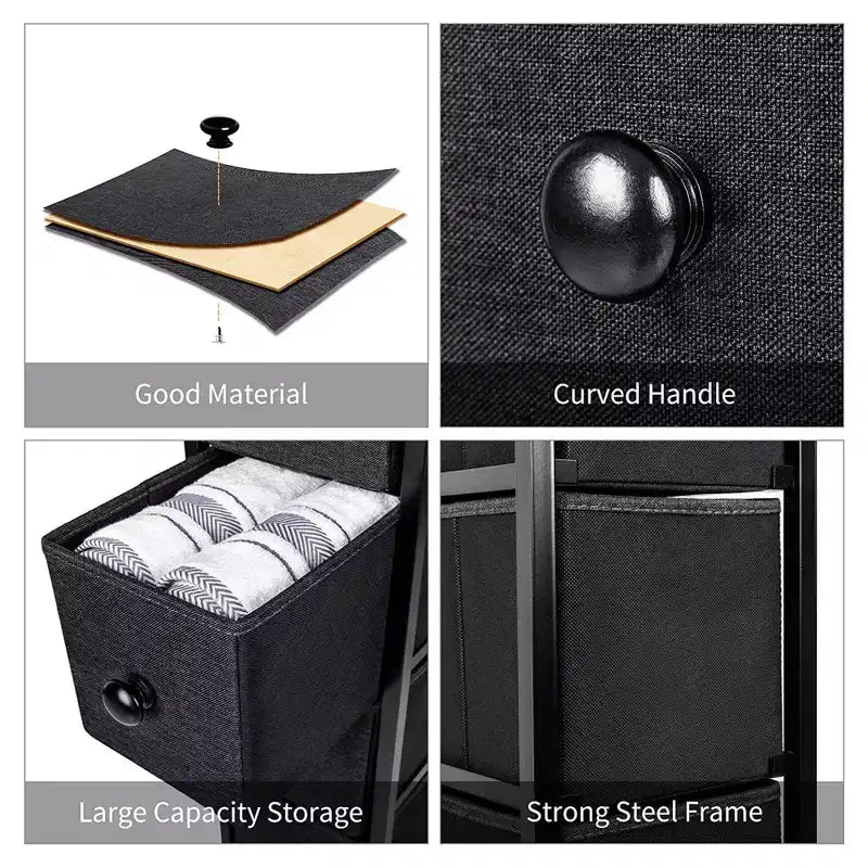 REAHOME 4 Drawer Vertical Steel Frame Storage Organizer Narrow Tower Dresser with Waterproof, Adjustable Feet, and Wall Safety Attachment, Black/Grey