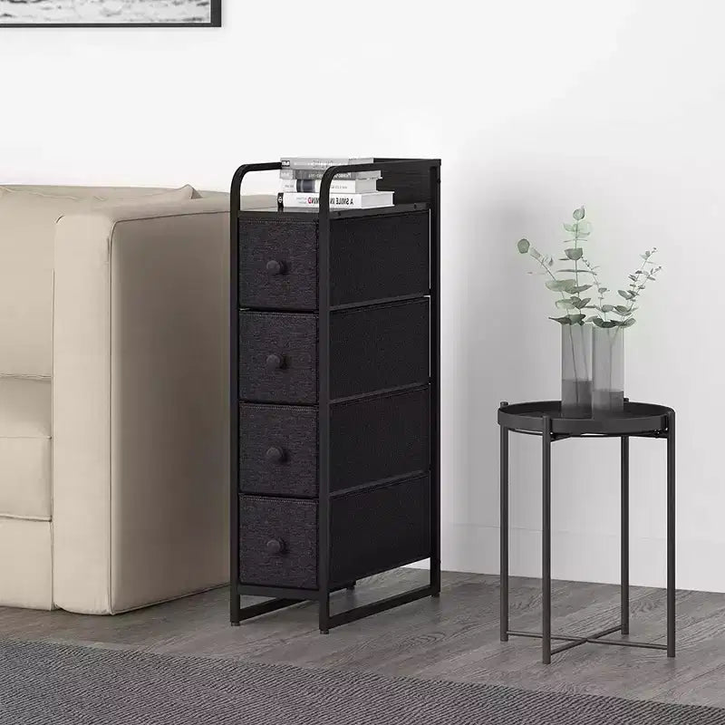 REAHOME 4 Drawer Vertical Steel Frame Storage Organizer Narrow Tower Dresser with Waterproof, Adjustable Feet, and Wall Safety Attachment, Black/Grey