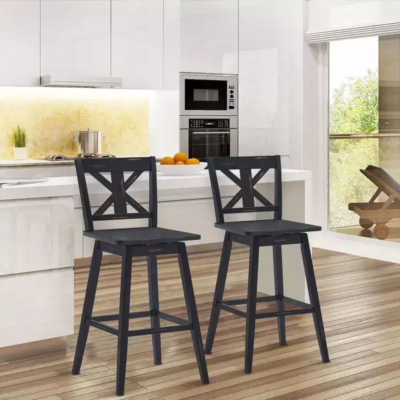 Costway Set of 2 Bar Stools Swivel Pub Height Chairs w/ Rubber Wood Legs White\Black