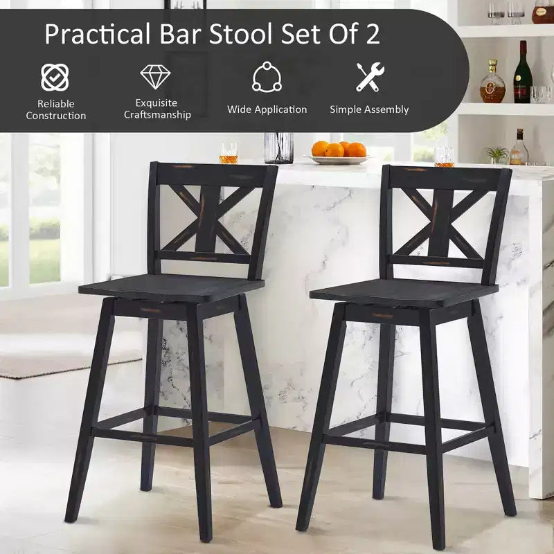 Costway Set of 2 Bar Stools Swivel Pub Height Chairs w/ Rubber Wood Legs White\Black