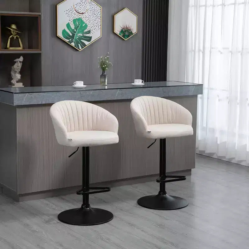 HOMCOM Adjustable Bar Stools Upholstered Kitchen Stools with Linen Touch Fabric, Steel Frame, Set of 2, Beige and Black