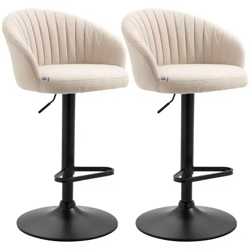 HOMCOM Adjustable Bar Stools Upholstered Kitchen Stools with Linen Touch Fabric, Steel Frame, Set of 2, Beige and Black