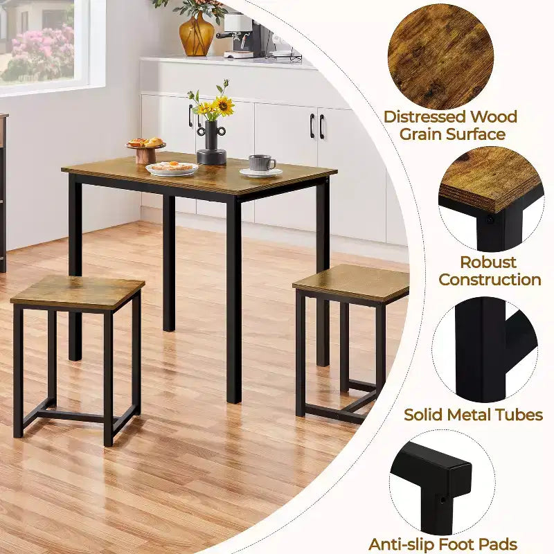 Yaheetech Industrial 3-Piece Space Saving Dining Table Set, for Kitchen, Dining Room