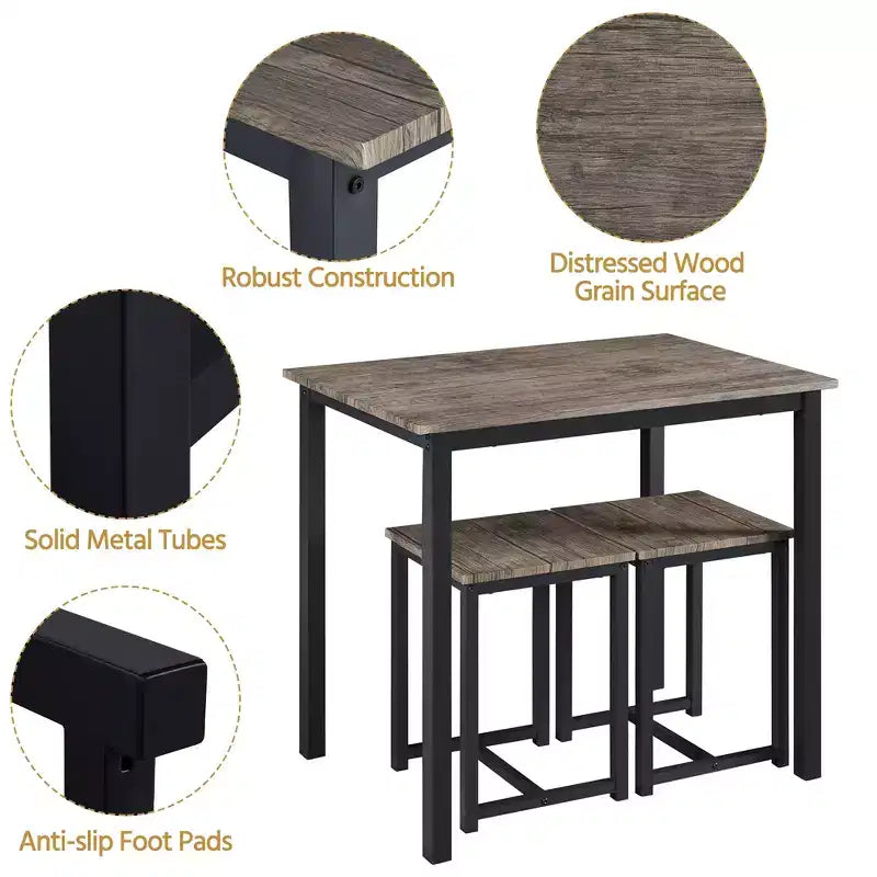 Yaheetech Industrial 3-Piece Space Saving Dining Table Set, for Kitchen, Dining Room