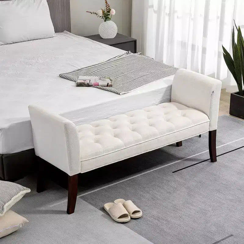 HOMCOM End of Bed Bench with Button Tufted Design, Upholstered Bench with Arms and Solid Wood Legs for Bedroom