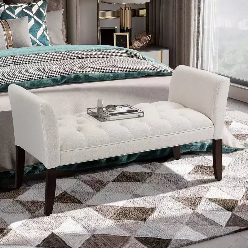 HOMCOM End of Bed Bench with Button Tufted Design, Upholstered Bench with Arms and Solid Wood Legs for Bedroom