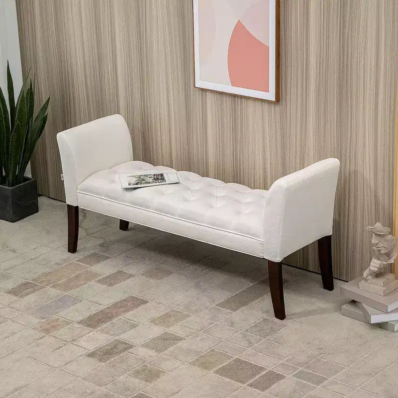 HOMCOM End of Bed Bench with Button Tufted Design, Upholstered Bench with Arms and Solid Wood Legs for Bedroom