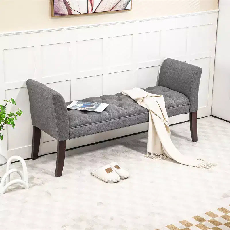 HOMCOM End of Bed Bench with Button Tufted Design, Upholstered Bench with Arms and Solid Wood Legs for Bedroom