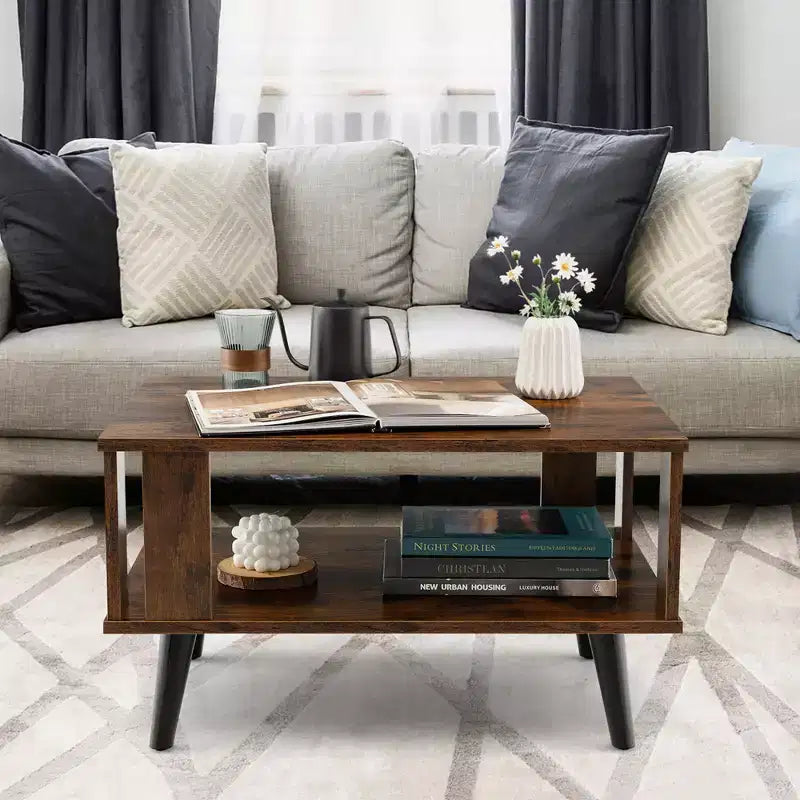 Costway Coffee Table Retro Mid-Century Coffee Table W/Storage Open Shelf Living Room