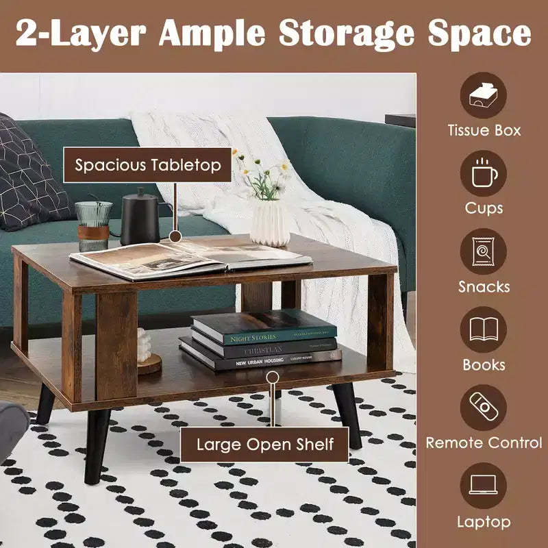 Costway Coffee Table Retro Mid-Century Coffee Table W/Storage Open Shelf Living Room