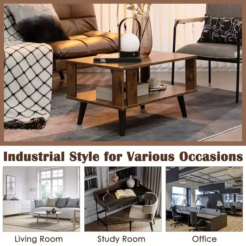 Costway Coffee Table Retro Mid-Century Coffee Table W/Storage Open Shelf Living Room