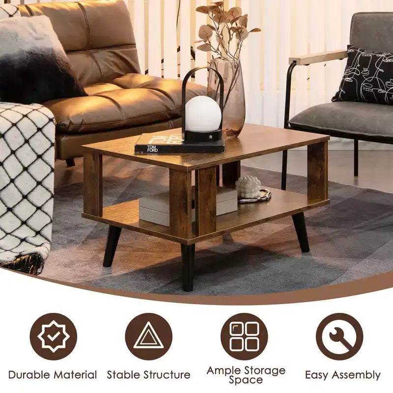 Costway Coffee Table Retro Mid-Century Coffee Table W/Storage Open Shelf Living Room