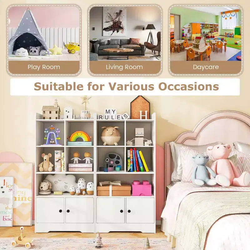Costway Freestanding Bookshelf with Doors 2 Storage Cabinets and 5 Cubbies 2 Anti-tip Kits