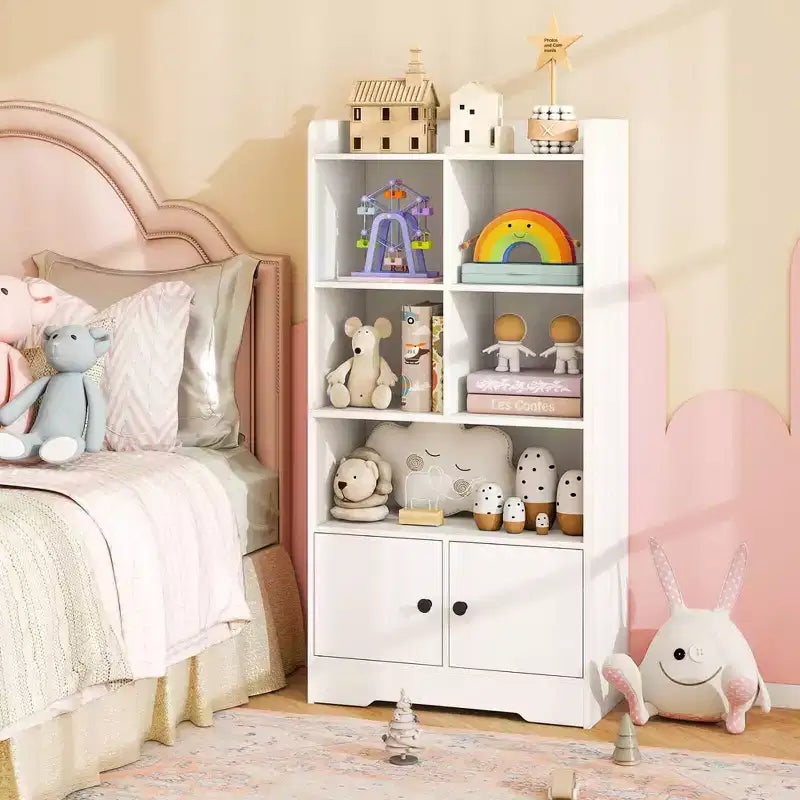 Costway Freestanding Bookshelf with Doors 2 Storage Cabinets and 5 Cubbies 2 Anti-tip Kits